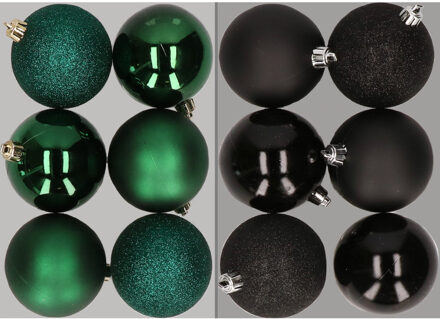 12x stuks kunststof kerstballen mix van donkergroen en zwart 8 cm