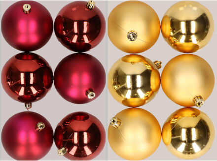 12x stuks kunststof kerstballen mix van donkerrood en goud 8 cm - Kerstbal Goudkleurig