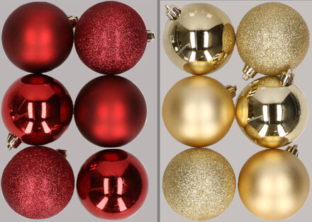 12x stuks kunststof kerstballen mix van donkerrood en goud 8 cm