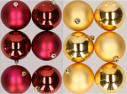 12x stuks kunststof kerstballen mix van donkerrood en goud 8 cm