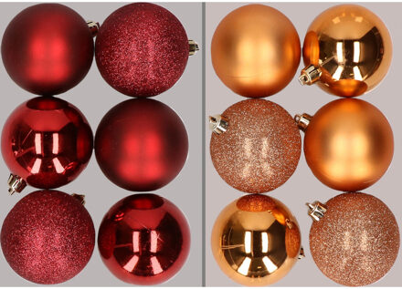 12x stuks kunststof kerstballen mix van donkerrood en koper 8 cm - Kerstbal Koperkleurig