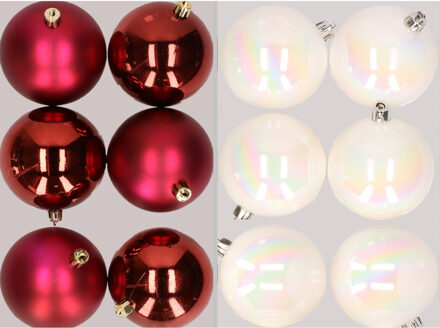 12x stuks kunststof kerstballen mix van donkerrood en parelmoer wit 8 cm - Kerstbal