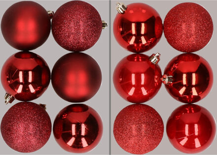 12x stuks kunststof kerstballen mix van donkerrood en rood 8 cm