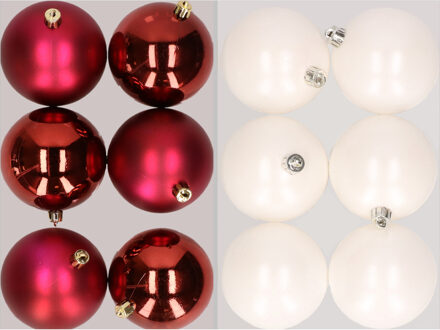 12x stuks kunststof kerstballen mix van donkerrood en winter wit 8 cm