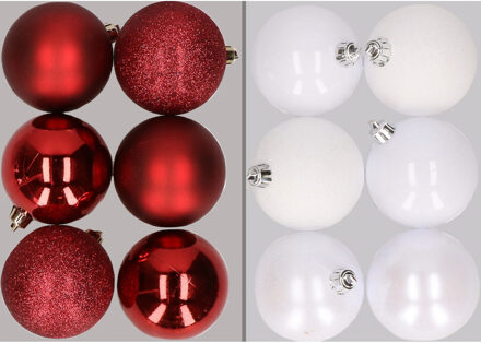 12x stuks kunststof kerstballen mix van donkerrood en wit 8 cm