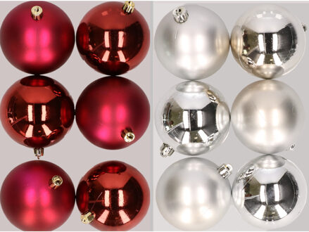 12x stuks kunststof kerstballen mix van donkerrood en zilver 8 cm - Kerstbal Zilverkleurig