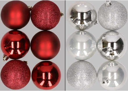 12x stuks kunststof kerstballen mix van donkerrood en zilver 8 cm