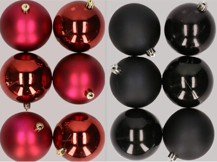 12x stuks kunststof kerstballen mix van donkerrood en zwart 8 cm