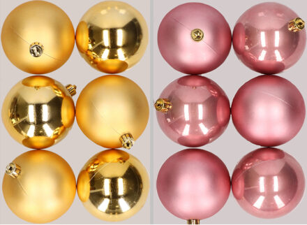 12x stuks kunststof kerstballen mix van goud en oudroze 8 cm - Kerstbal