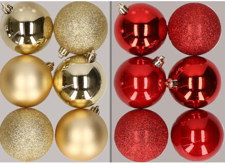 12x stuks kunststof kerstballen mix van goud en rood 8 cm