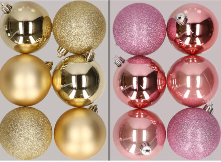 12x stuks kunststof kerstballen mix van goud en roze 8 cm - Kerstbal Goudkleurig