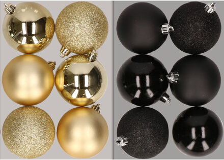 12x stuks kunststof kerstballen mix van goud en zwart 8 cm - Kerstbal Goudkleurig