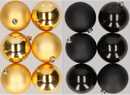 12x stuks kunststof kerstballen mix van goud en zwart 8 cm - Kerstbal