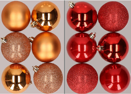 12x stuks kunststof kerstballen mix van koper en rood 8 cm - Kerstbal Koperkleurig