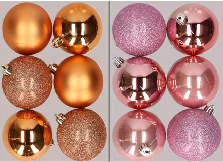 12x stuks kunststof kerstballen mix van koper en roze 8 cm - Kerstbal Koperkleurig