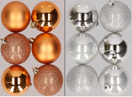 12x stuks kunststof kerstballen mix van koper en zilver 8 cm - Kerstbal Koperkleurig