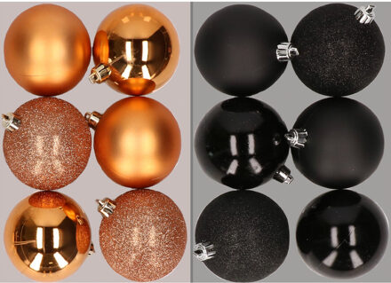 12x stuks kunststof kerstballen mix van koper en zwart 8 cm