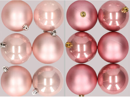 12x stuks kunststof kerstballen mix van lichtroze en oudroze 8 cm