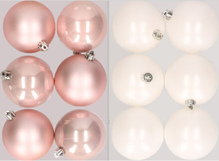 12x stuks kunststof kerstballen mix van lichtroze en winter wit 8 cm