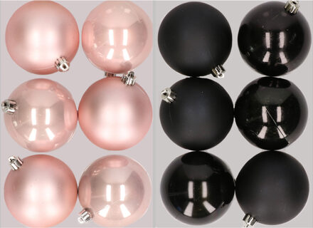 12x stuks kunststof kerstballen mix van lichtroze en zwart 8 cm