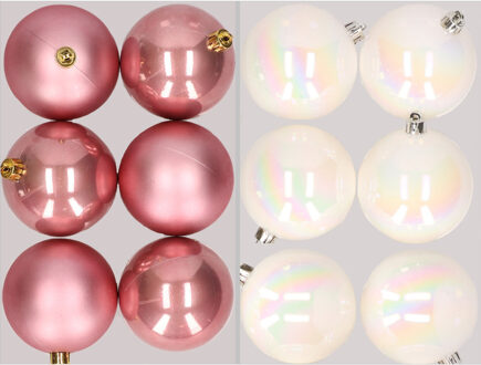 12x stuks kunststof kerstballen mix van oudroze en parelmoer wit 8 cm