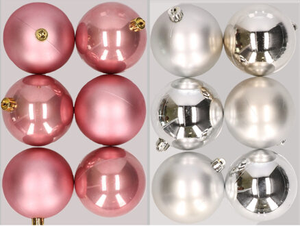 12x stuks kunststof kerstballen mix van oudroze en zilver 8 cm