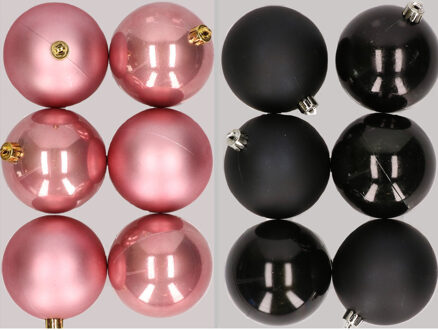 12x stuks kunststof kerstballen mix van oudroze en zwart 8 cm