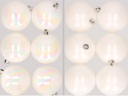 12x stuks kunststof kerstballen mix van parelmoer wit en winter wit 8 cm
