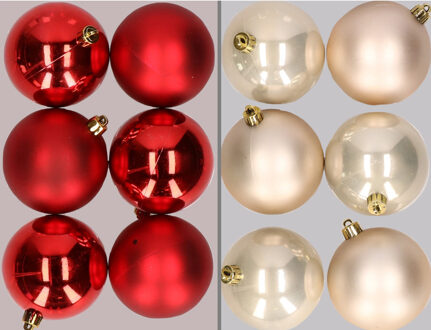 12x stuks kunststof kerstballen mix van rood en champagne 8 cm