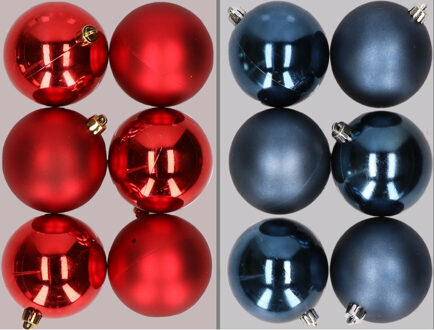 12x stuks kunststof kerstballen mix van rood en donkerblauw 8 cm