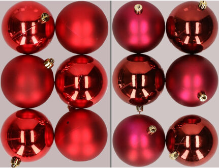 12x stuks kunststof kerstballen mix van rood en donkerrood 8 cm