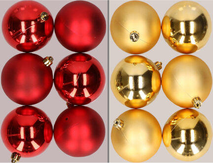 12x stuks kunststof kerstballen mix van rood en goud 8 cm