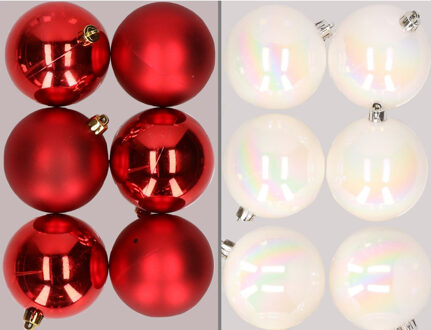 12x stuks kunststof kerstballen mix van rood en parelmoer wit 8 cm