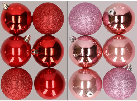 12x stuks kunststof kerstballen mix van rood en roze 8 cm - Kerstbal