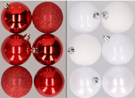 12x stuks kunststof kerstballen mix van rood en wit 8 cm