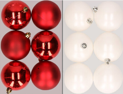 12x stuks kunststof kerstballen mix van rood en wit 8 cm
