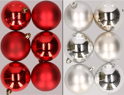 12x stuks kunststof kerstballen mix van rood en zilver 8 cm - Kerstbal Zilverkleurig