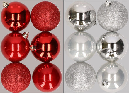 12x stuks kunststof kerstballen mix van rood en zilver 8 cm