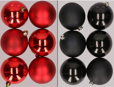 12x stuks kunststof kerstballen mix van rood en zwart 8 cm