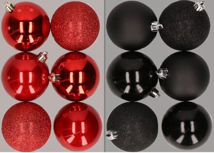 12x stuks kunststof kerstballen mix van rood en zwart 8 cm