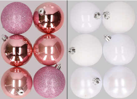 12x stuks kunststof kerstballen mix van roze en wit 8 cm