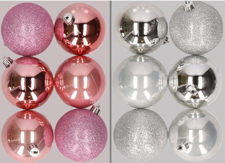 12x stuks kunststof kerstballen mix van roze en zilver 8 cm - Kerstbal