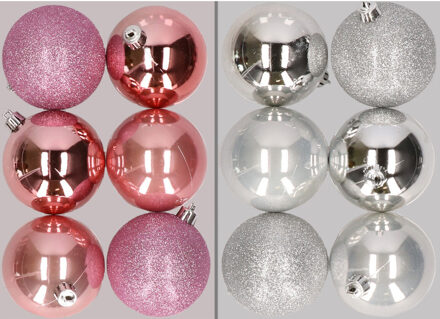 12x stuks kunststof kerstballen mix van roze en zilver 8 cm
