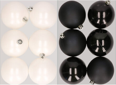 12x stuks kunststof kerstballen mix van winter wit en zwart 8 cm