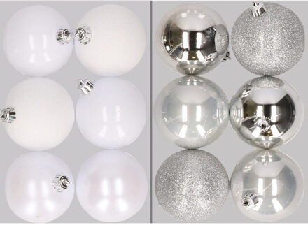 12x stuks kunststof kerstballen mix van wit en zilver 8 cm