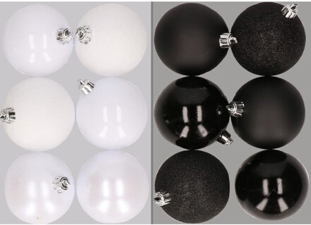 12x stuks kunststof kerstballen mix van wit en zwart 8 cm
