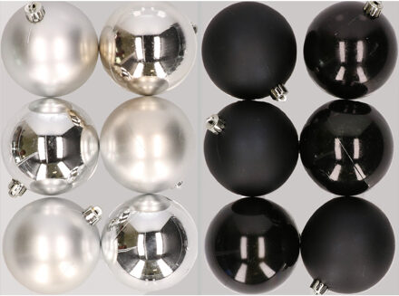 12x stuks kunststof kerstballen mix van zilver en zwart 8 cm - Kerstbal Multikleur