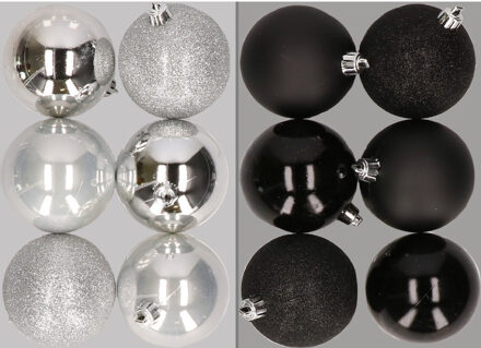 12x stuks kunststof kerstballen mix van zilver en zwart 8 cm - Kerstbal Zilverkleurig