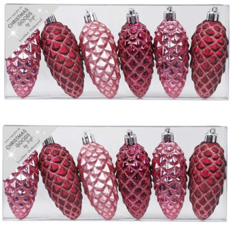 12x stuks kunststof kersthangers dennenappels roze 9 cm kerstornamenten