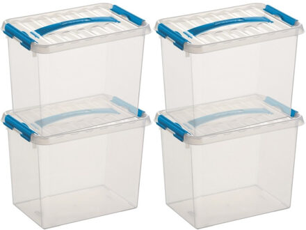 12x Sunware Q-Line opberg boxen/opbergdozen 9 liter 30 x 20 x 22 cm kunststof - Opslagbox - Opbergbak kunststof transparant/blauw